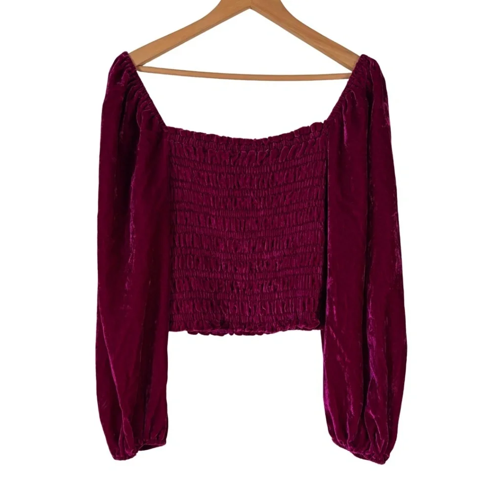 Anthropologie Magenta Pink Rose Smocked Velvet Puff Sleeve Peasant Blouse, M